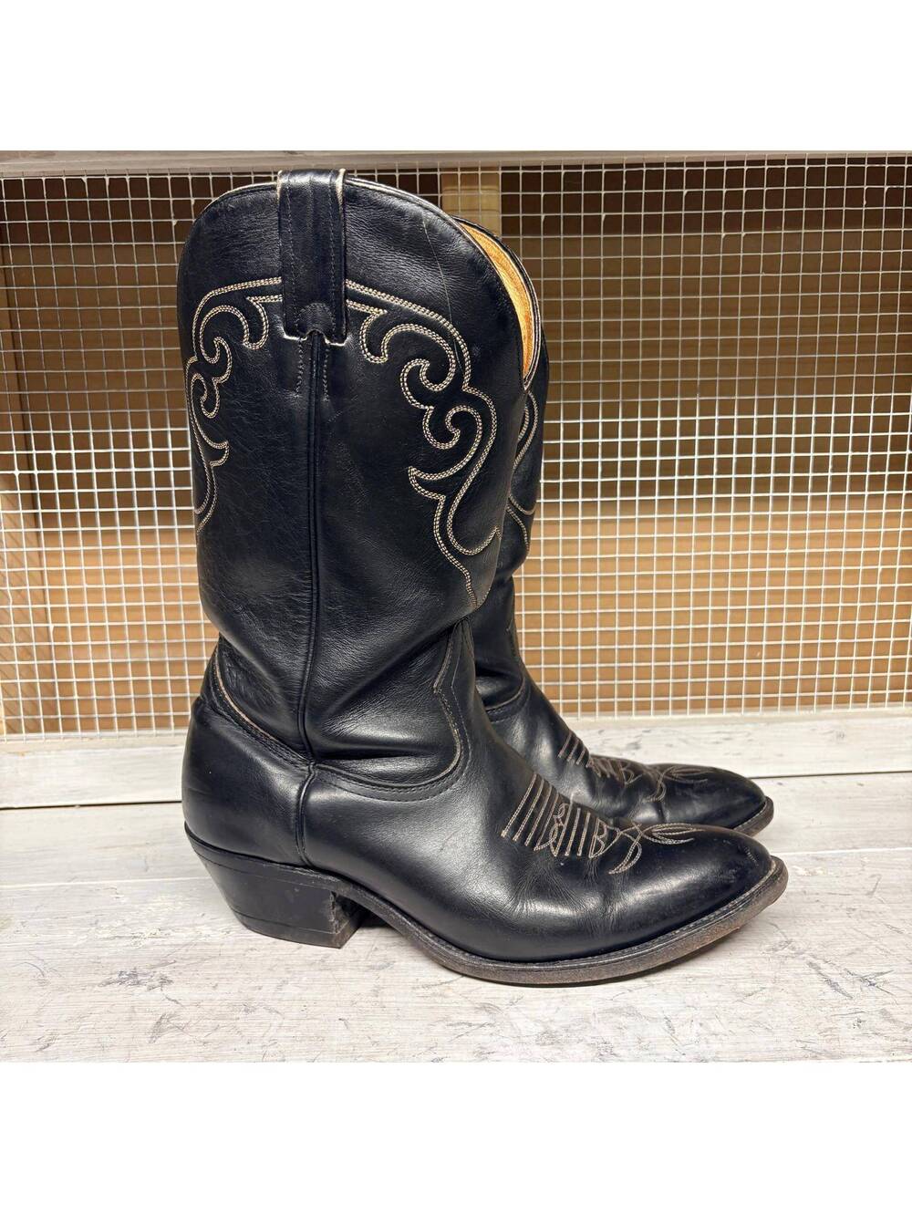 Black Leather Western Men's Cowboy Boots Size 9 2E